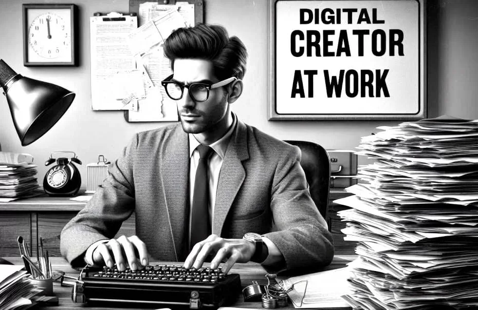 Man at dexk typing black and white image retro 2950s