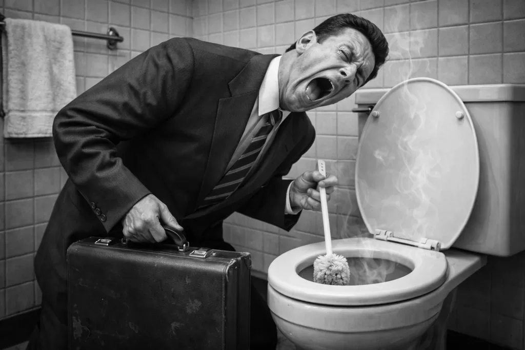 Gagging businessman cleans the bathroom