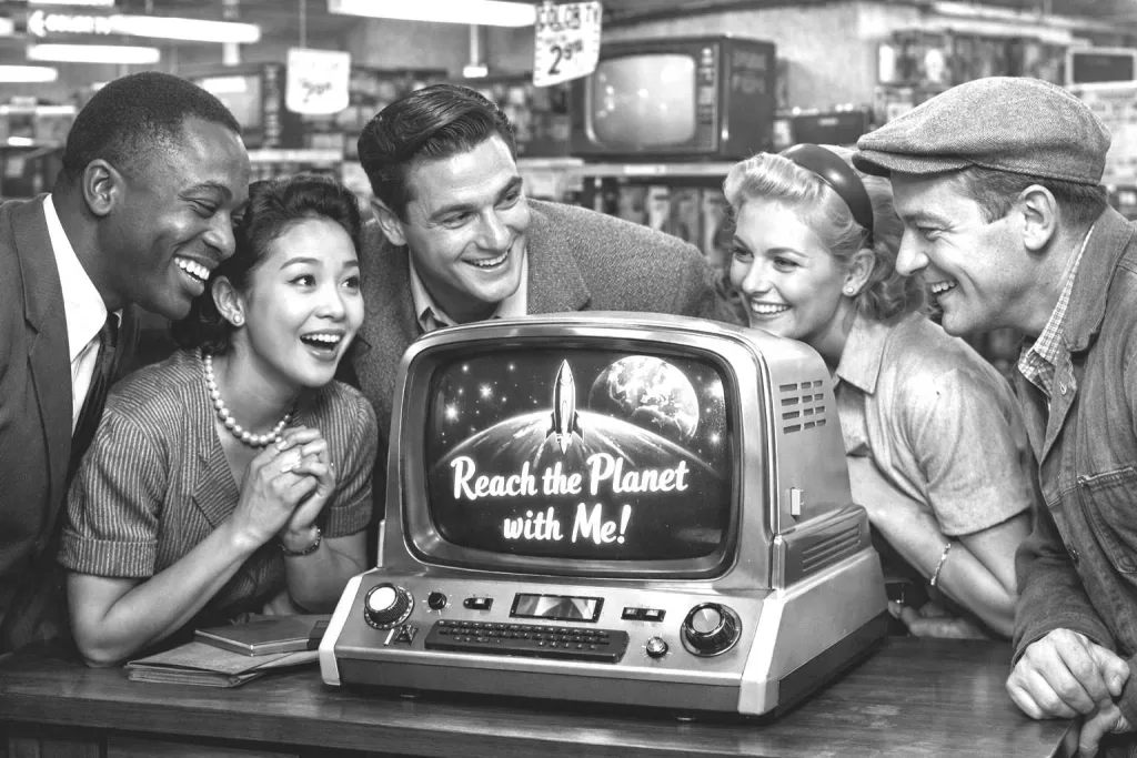 Retro 1950s computer display with diverse group watching in amazement