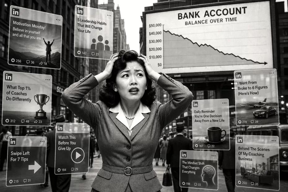 Black-and-white retro-style image of a distressed Asian businesswoman standing on a busy city street, surrounded by floating LinkedIn-style posts while a billboard behind her shows a sharply declining bank account balance.