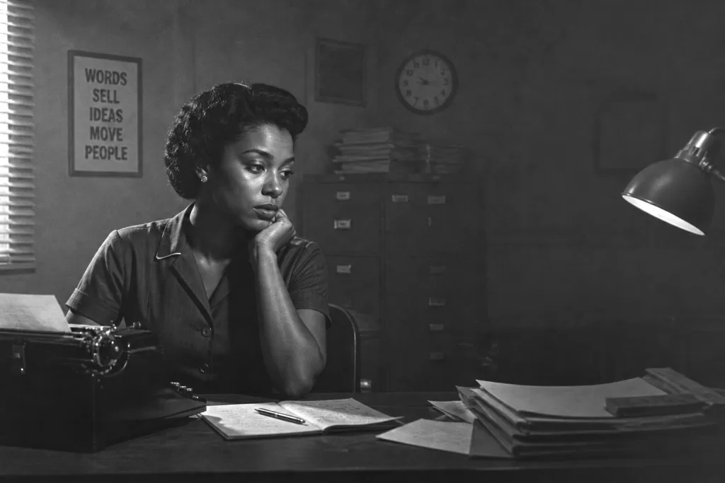 black and white 1950s office scene of a Black female copywriter sitting at her desk fading into shadow