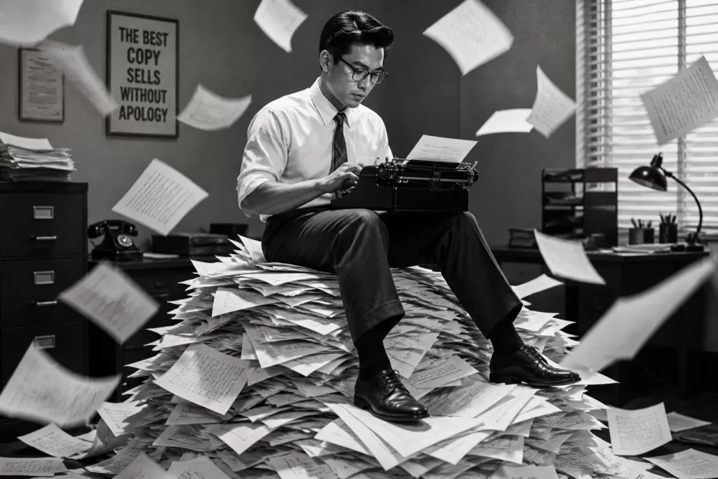 1950s Asian male copywriter sitting on a pile of papers typing on a typewriter with pages flying around