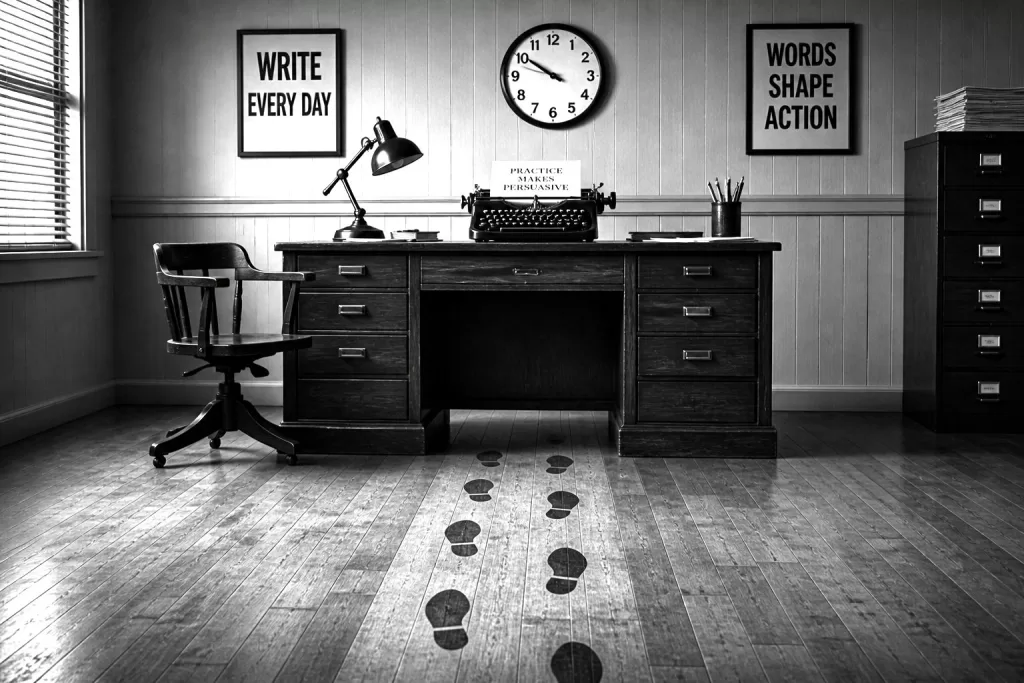 copywriting practice steps leading to typewriter in retro office black and white