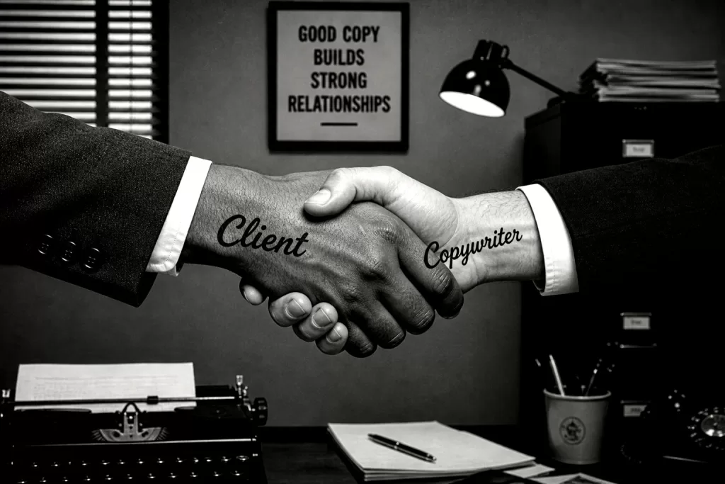 copywriter landing first client handshake black and white retro office