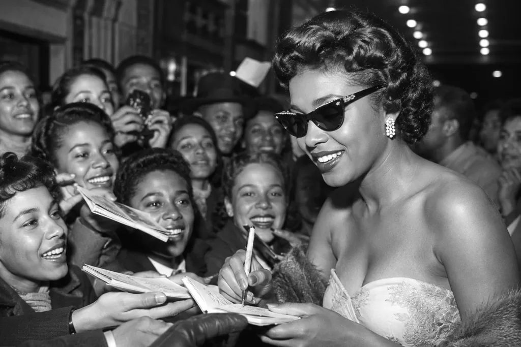 Photorealistic black-and-white 1950s Hollywood scene featuring a glamorous African American movie star in elegant attire and stylish cat-eye glasses signing autographs for an enthusiastic crowd of admirers.