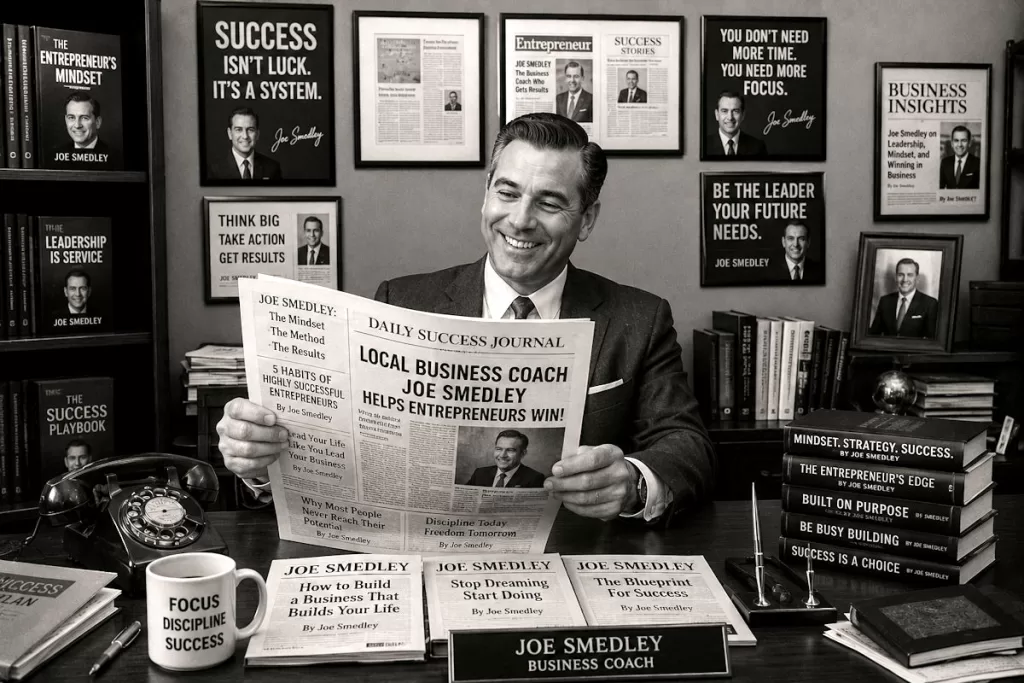 Retro black-and-white 1950s business coach proudly displaying published articles, books, and motivational posters that showcase his authority and personal brand.