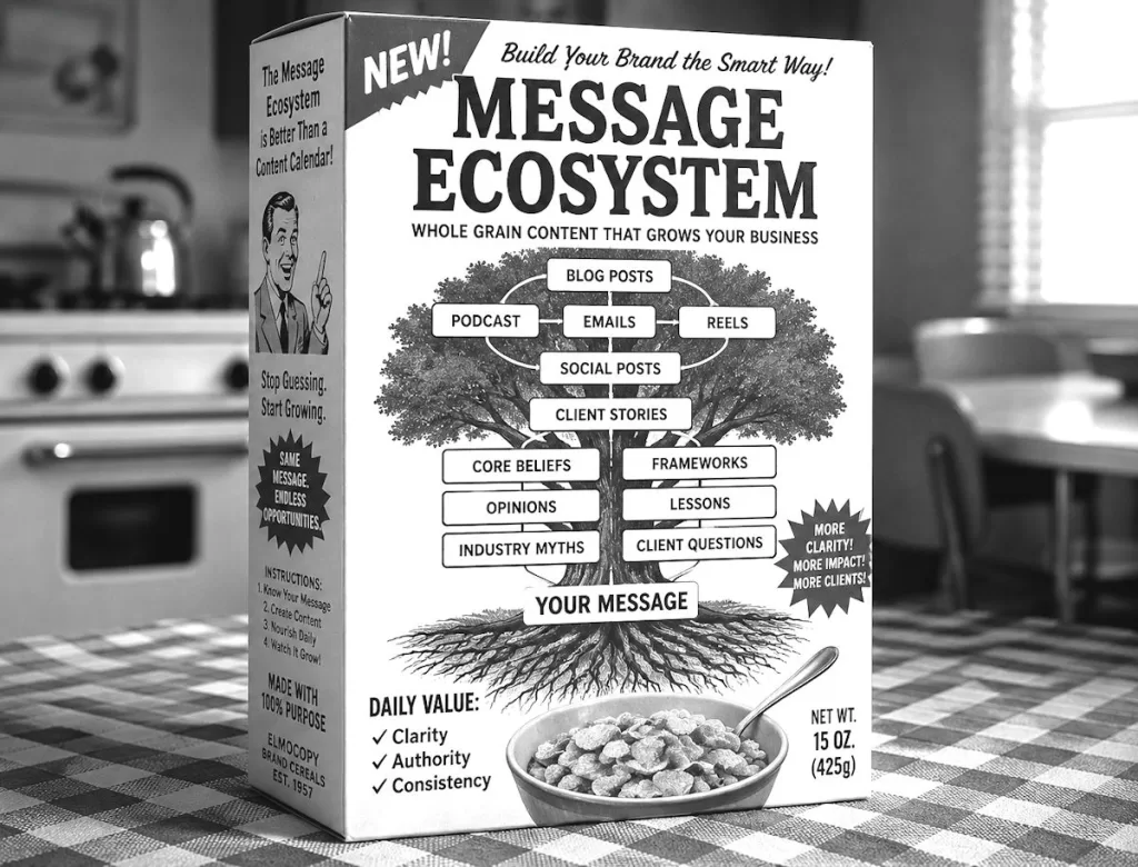 Black-and-white retro 1950s cereal box featuring a message ecosystem diagram that illustrates how core beliefs, stories, and client experiences grow into successful content marketing.