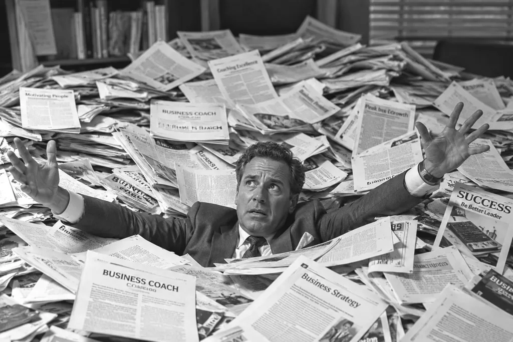 Photorealistic black-and-white retro image of a business coach drowning in a vast sea of articles, reports, and business publications while reaching upward in frustration.