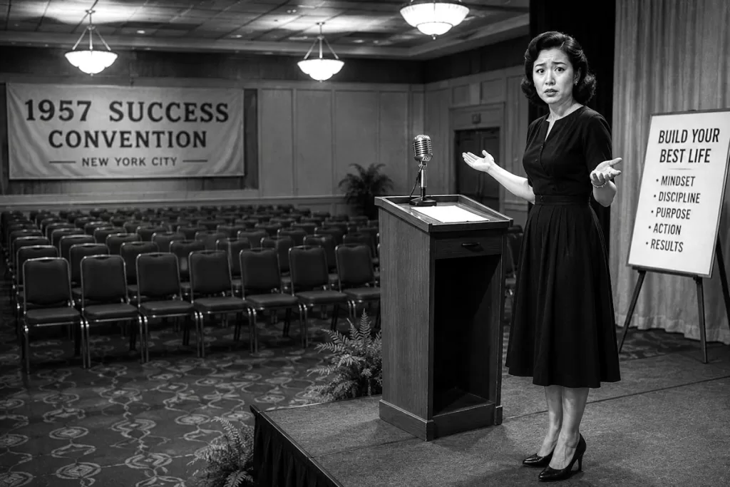 Black-and-white retro 1950s convention scene with an Asian female motivational speaker standing on stage before an empty audience, looking confused and discouraged.