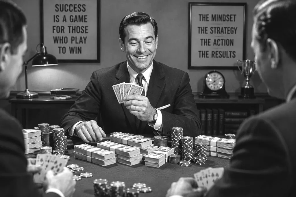 Retro black-and-white 1950s business coach grinning over a winning poker hand with piles of cash, symbolizing the rewards of playing the right marketing strategy.