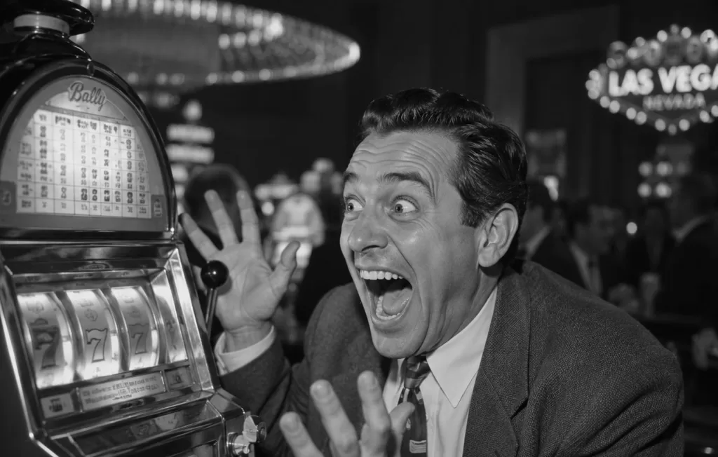 Photorealistic black-and-white 1950s image of an ecstatic gambler celebrating at a vintage slot machine in a bustling Las Vegas casino.