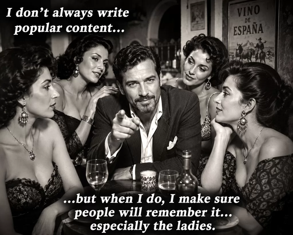 Retro black-and-white image of a bearded Spanish gentleman seated at a tavern table, surrounded by elegantly dressed women, pointing at the viewer beneath a humorous content marketing caption.